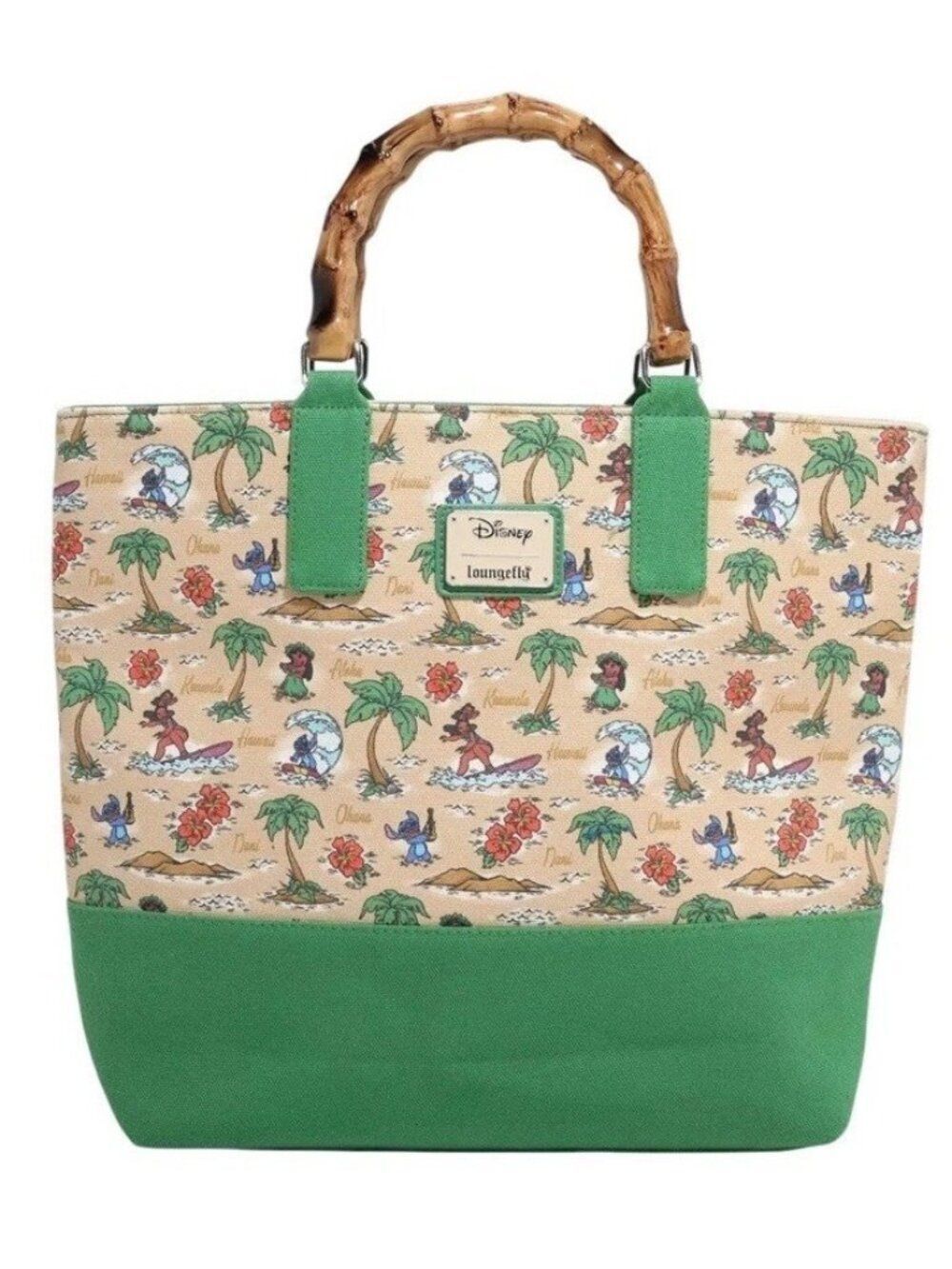 Loungefly Disney Lilo & Stitch Hawaii Ohana Beach Canvas Tote Bamboo Handles NWT